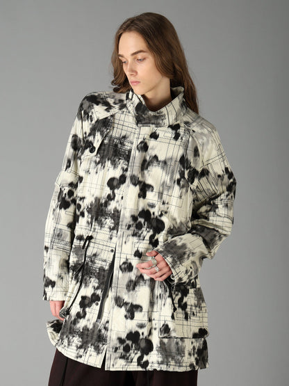 INK-WASH PRINTED RAGLAN STAND COLLAR UTILITY BLOUSON WITH DECORATIVE STITCH DETAILING