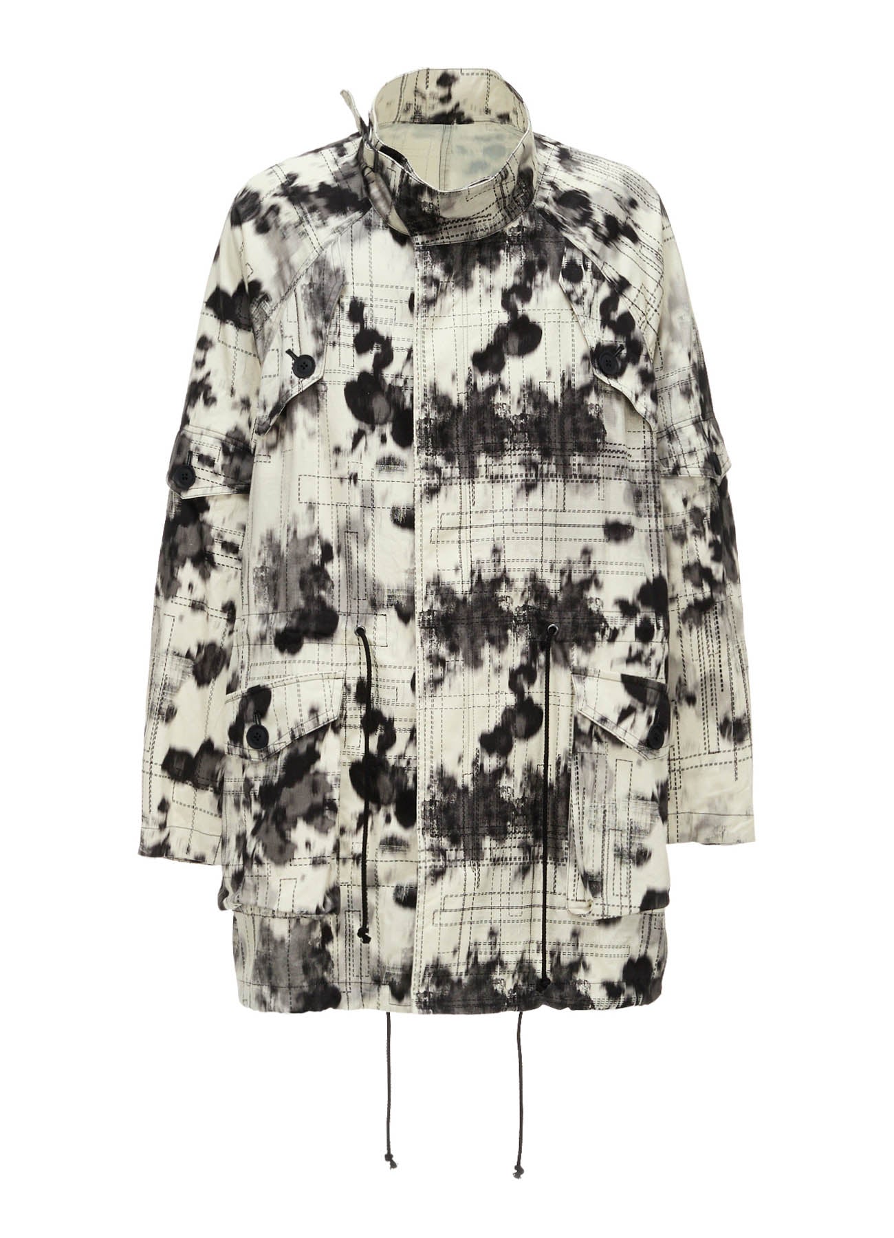 INK-WASH PRINTED RAGLAN STAND COLLAR UTILITY BLOUSON WITH