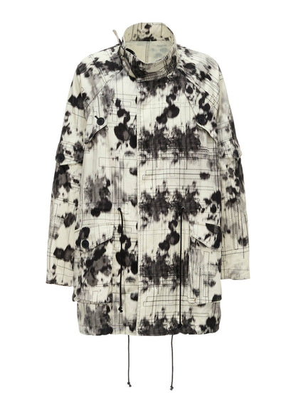 INK-WASH PRINTED RAGLAN STAND COLLAR UTILITY BLOUSON WITH DECORATIVE STITCH DETAILING