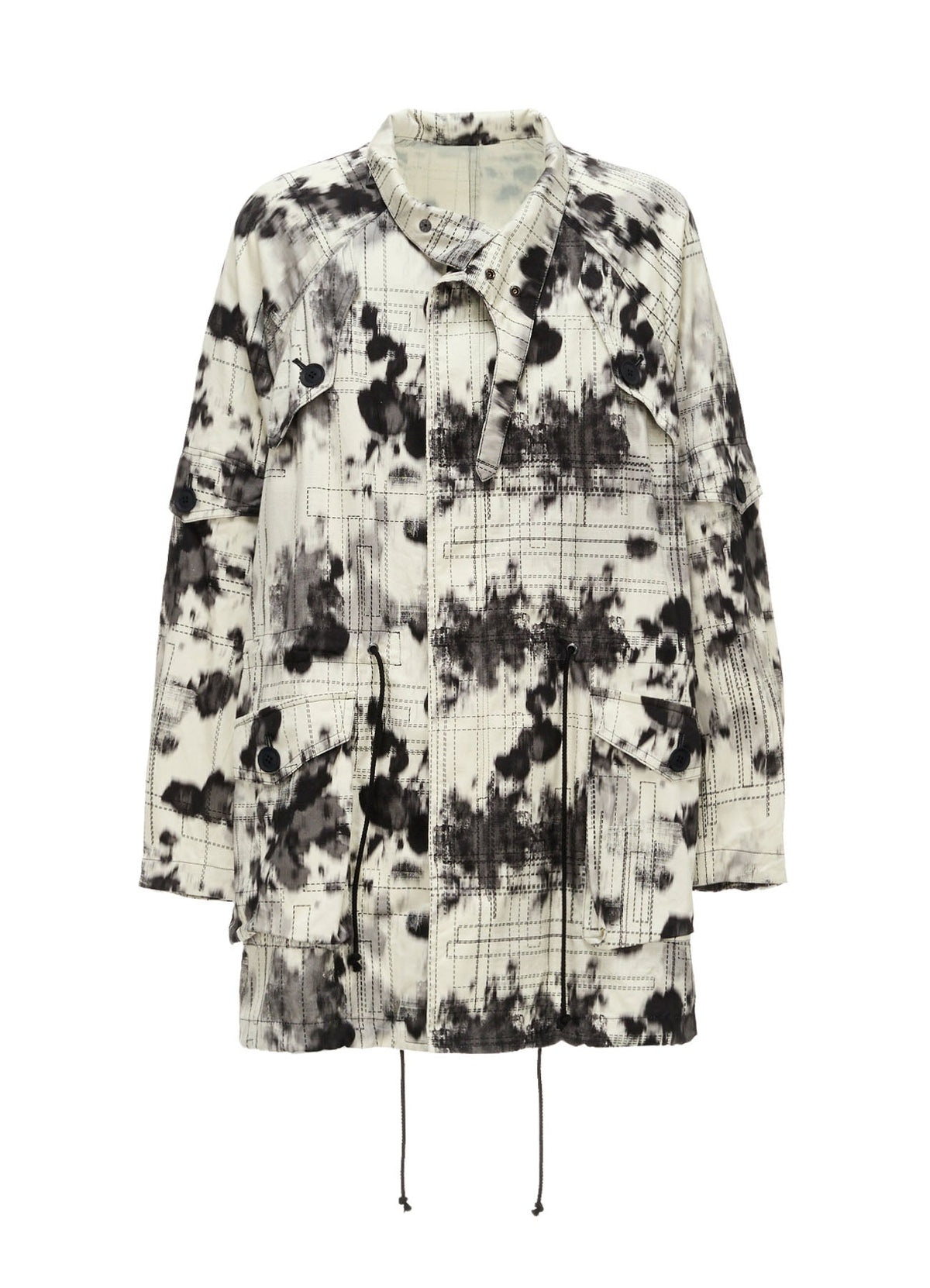 INK-WASH PRINTED RAGLAN STAND COLLAR UTILITY BLOUSON WITH DECORATIVE STITCH DETAILING
