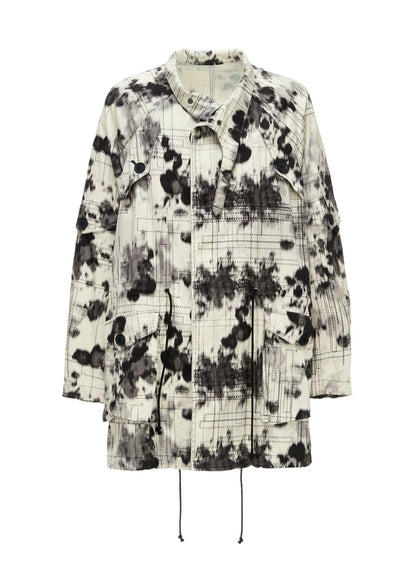 INK-WASH PRINTED RAGLAN STAND COLLAR UTILITY BLOUSON WITH DECORATIVE STITCH DETAILING