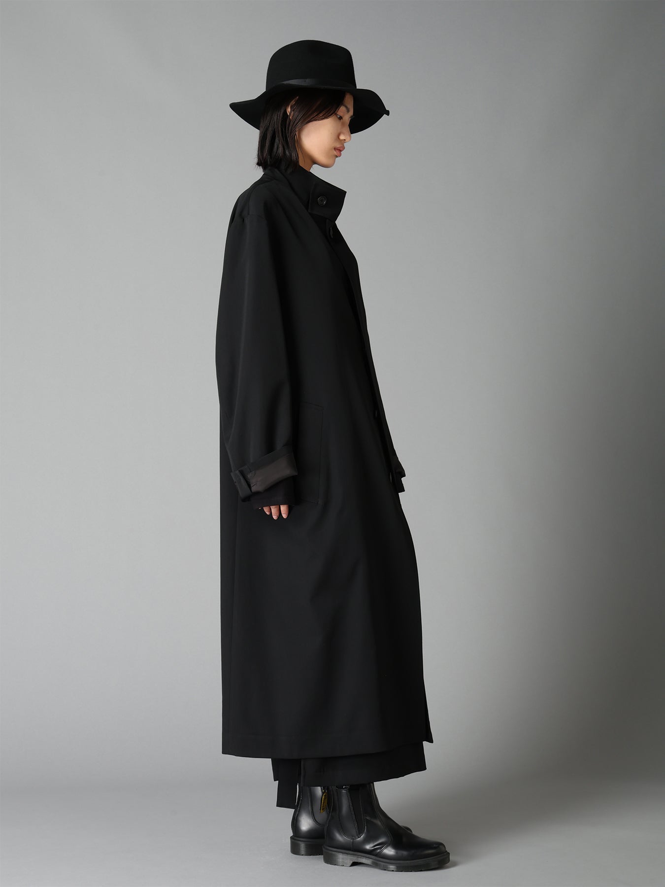 WASHER WOOL GABARDINE CONCEALED PLACKET STAND COLLAR COAT