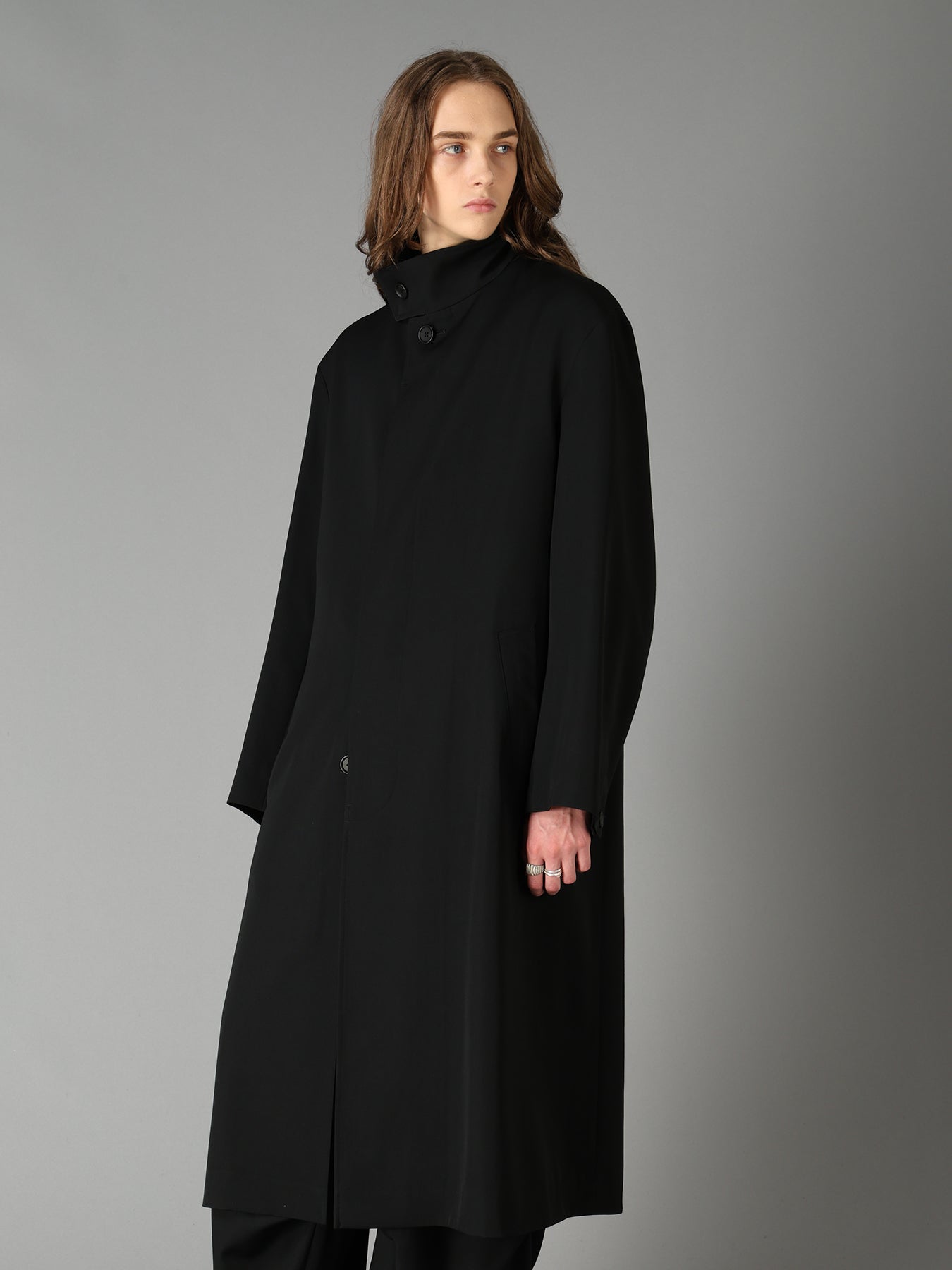 WASHER WOOL GABARDINE CONCEALED PLACKET STAND COLLAR COAT