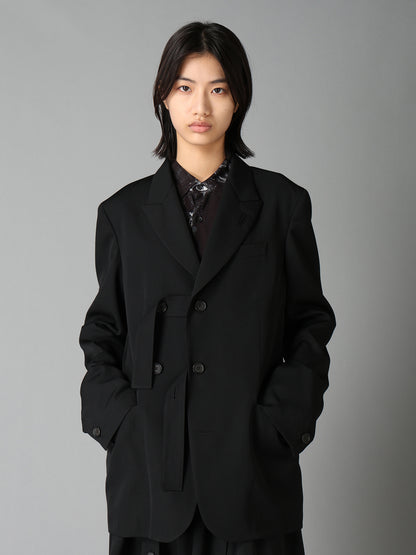 WASHER WOOL GABARDINE PEAK LAPEL BELTED JACKET