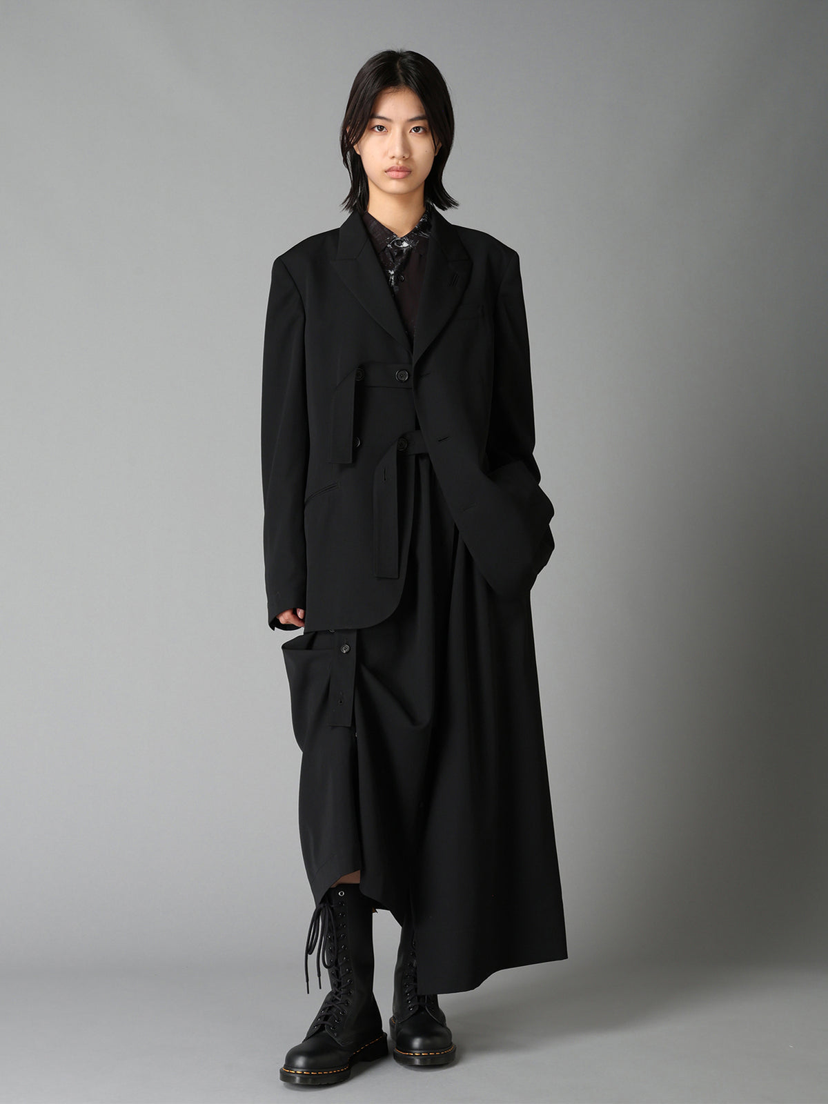 WASHER WOOL GABARDINE PEAK LAPEL BELTED JACKET