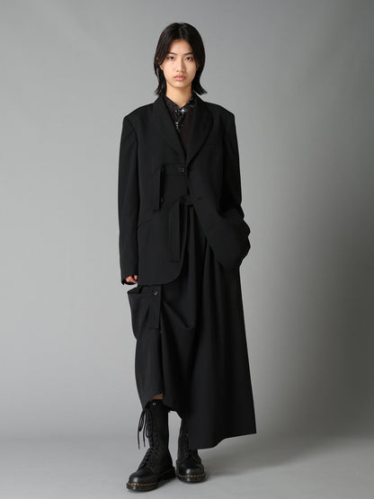 WASHER WOOL GABARDINE PEAK LAPEL BELTED JACKET