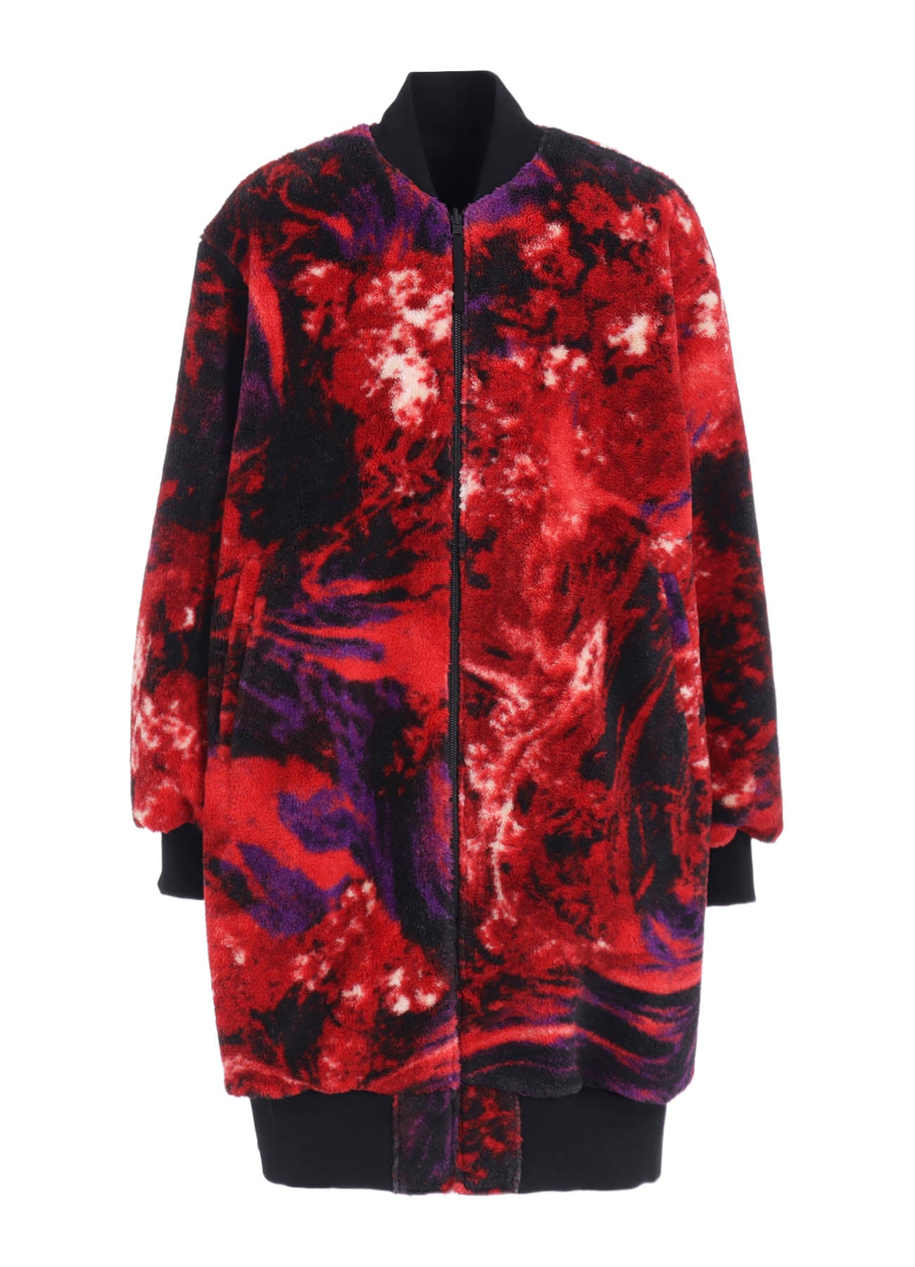 【S'YTE X TAION】REVERSIBLE LONG BOMBER JACKET WITH RED PRINTED FLEECE LINING