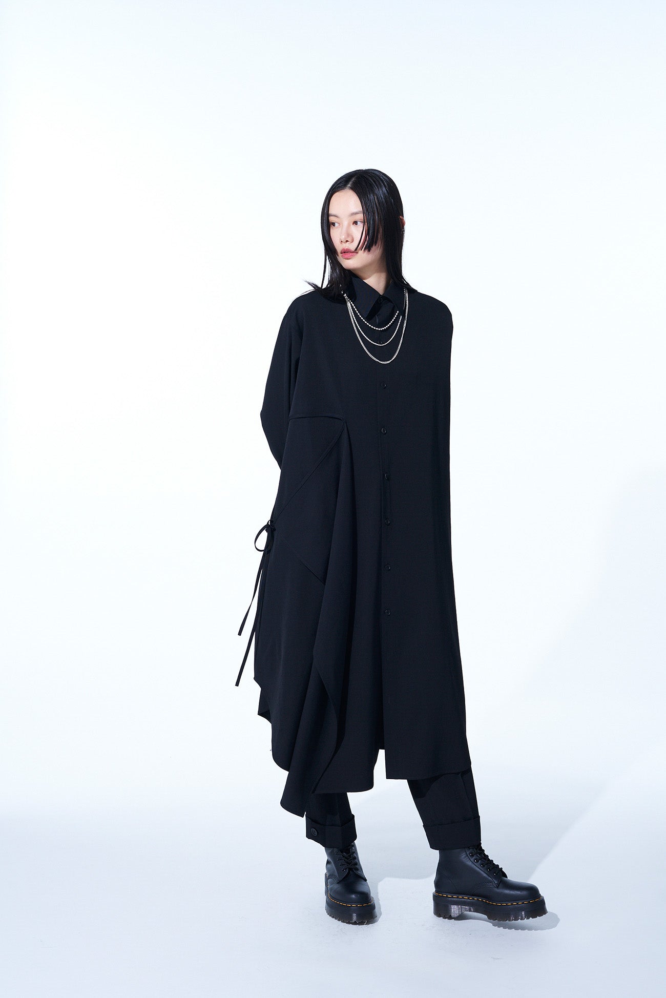 WASHER FINISHED WOOL GABARDINE SHIRT DRESS WITH DOUBLE-TAILORED RIGHT FRONT