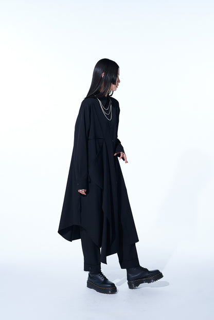 WASHER FINISHED WOOL GABARDINE SHIRT DRESS WITH DOUBLE-TAILORED RIGHT FRONT