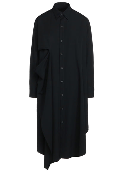 WASHER FINISHED WOOL GABARDINE SHIRT DRESS WITH DOUBLE-TAILORED RIGHT FRONT