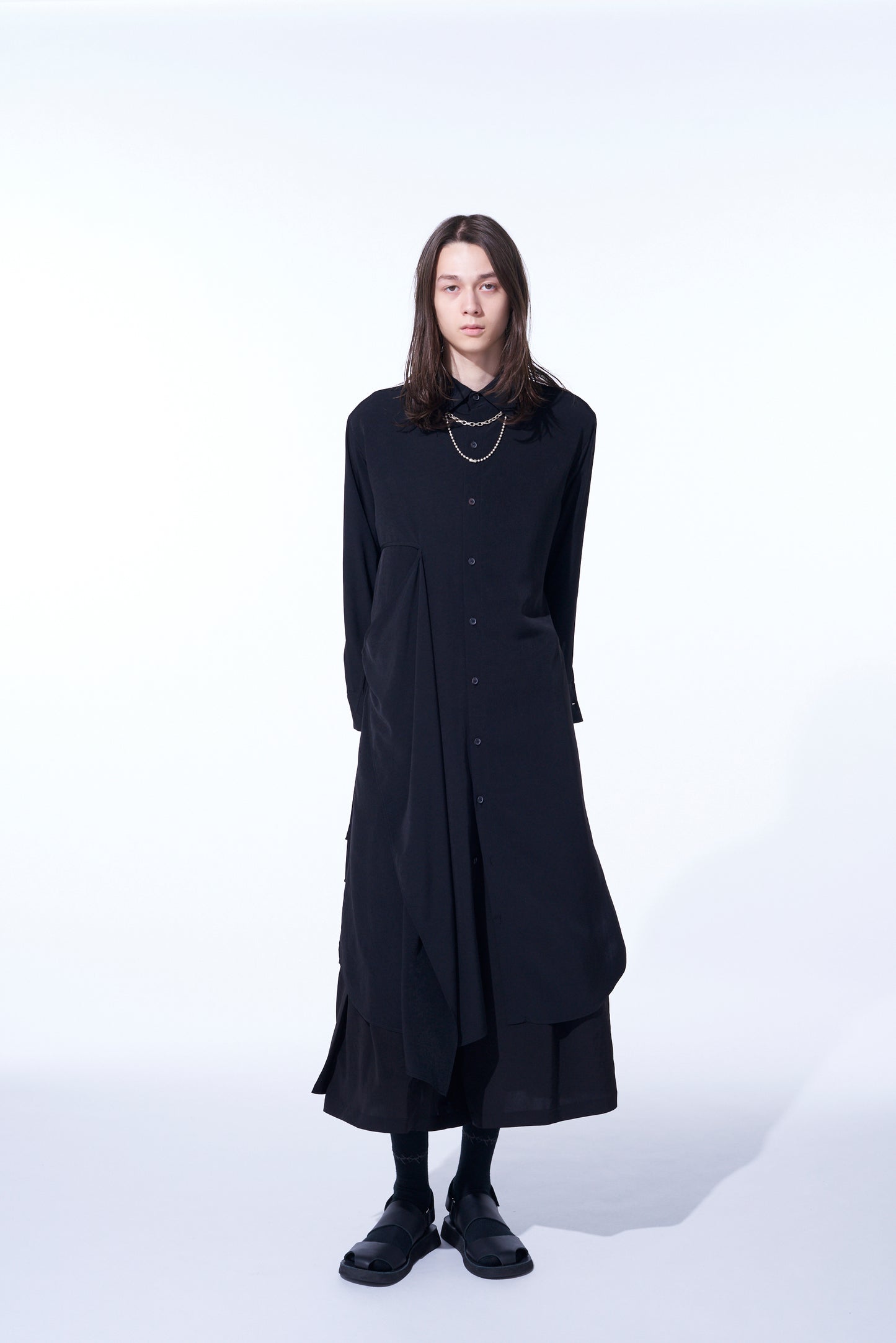 CREPE DE CHINE SHIRT DRESS WITH DOUBLE-TAILORED RIGHT FRONT