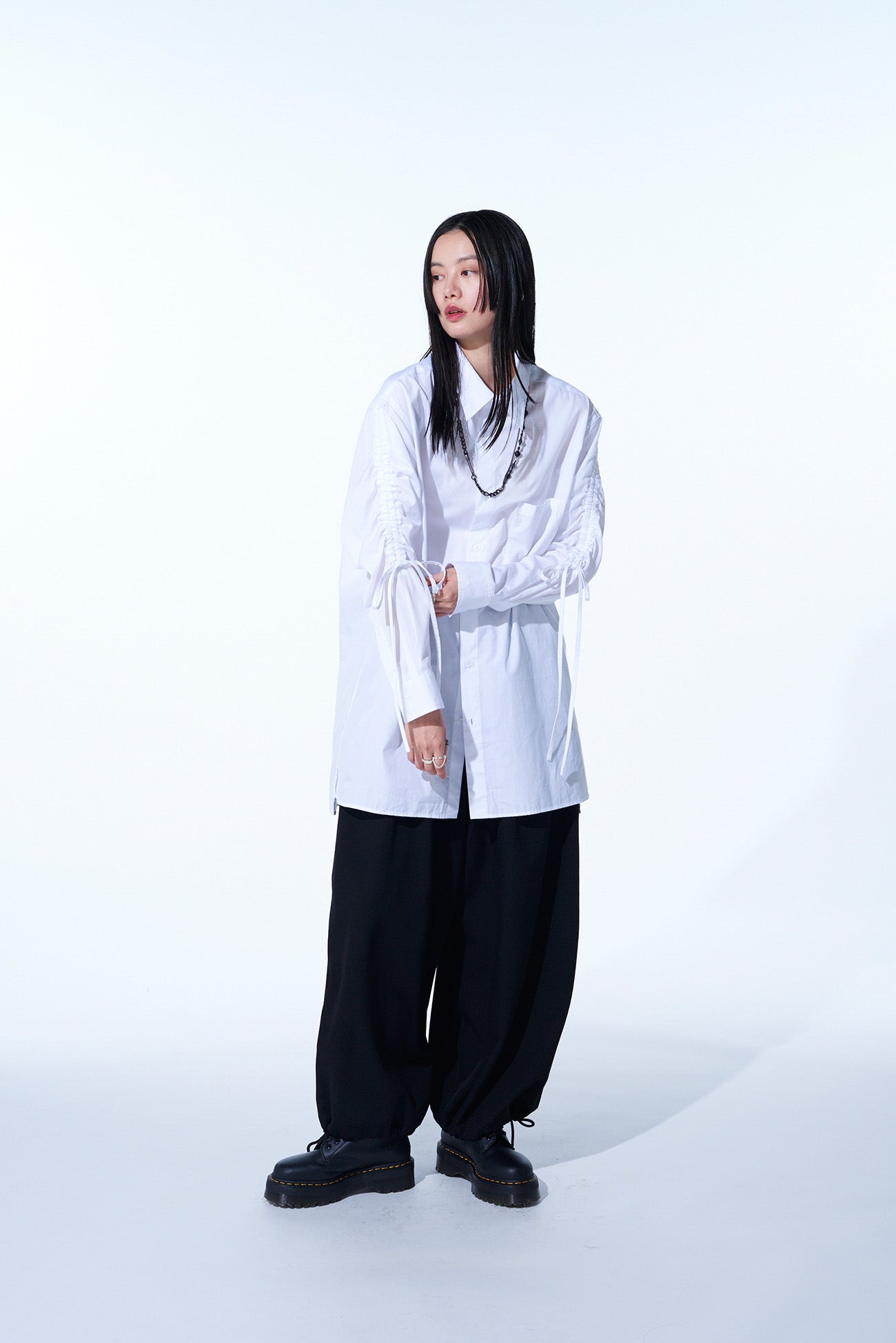 COTTON BROAD CLOTH OVERSIZED SHIRT WITH GATHERED STRINGS