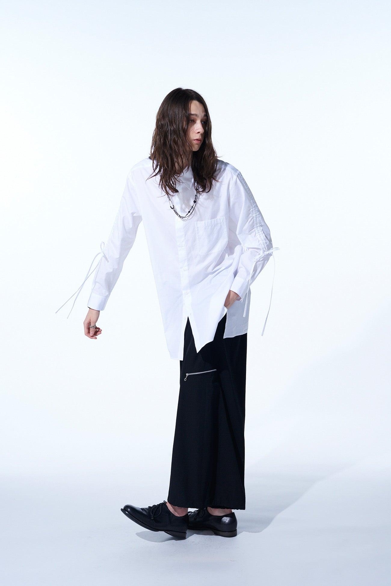 COTTON BROAD CLOTH OVERSIZED SHIRT WITH GATHERED STRINGS