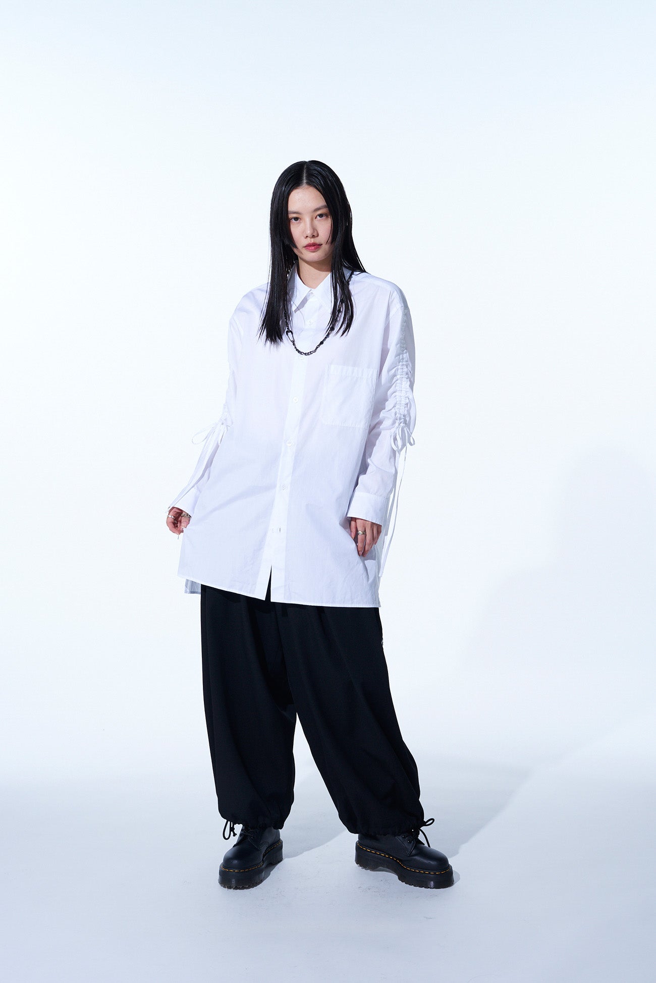 COTTON BROAD CLOTH OVERSIZED SHIRT WITH GATHERED STRINGS