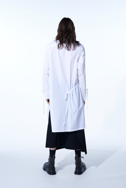 COTTON BROAD CLOTH OVERSIZED LONG SHIRT WITH GATHERED STRINGS