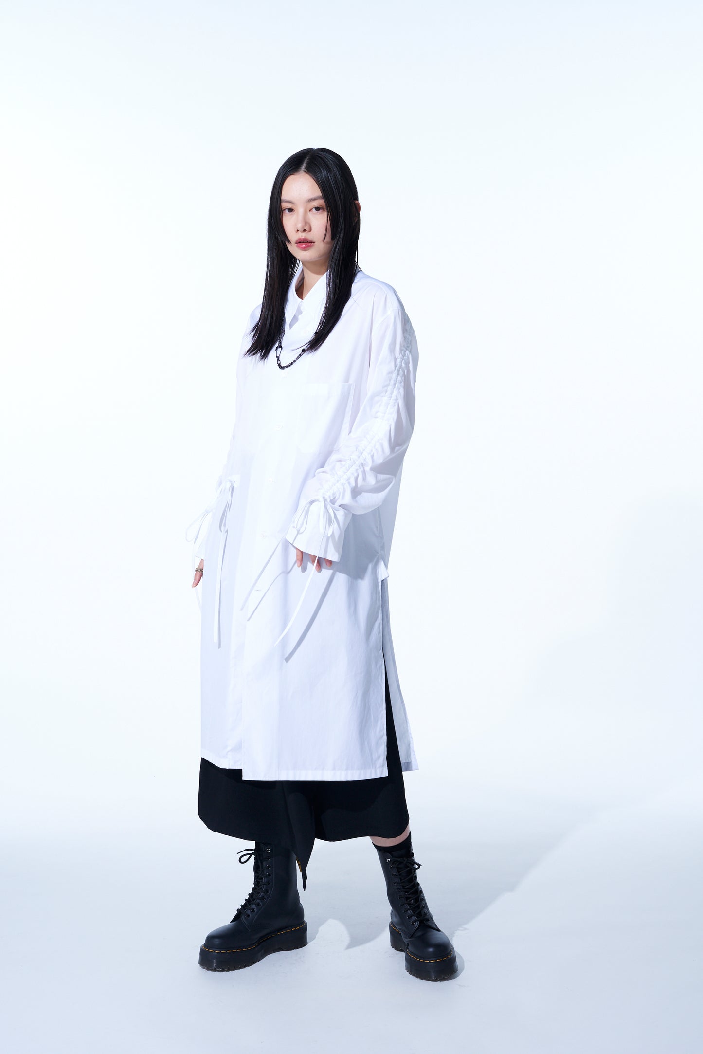 COTTON BROAD CLOTH OVERSIZED LONG SHIRT WITH GATHERED STRINGS