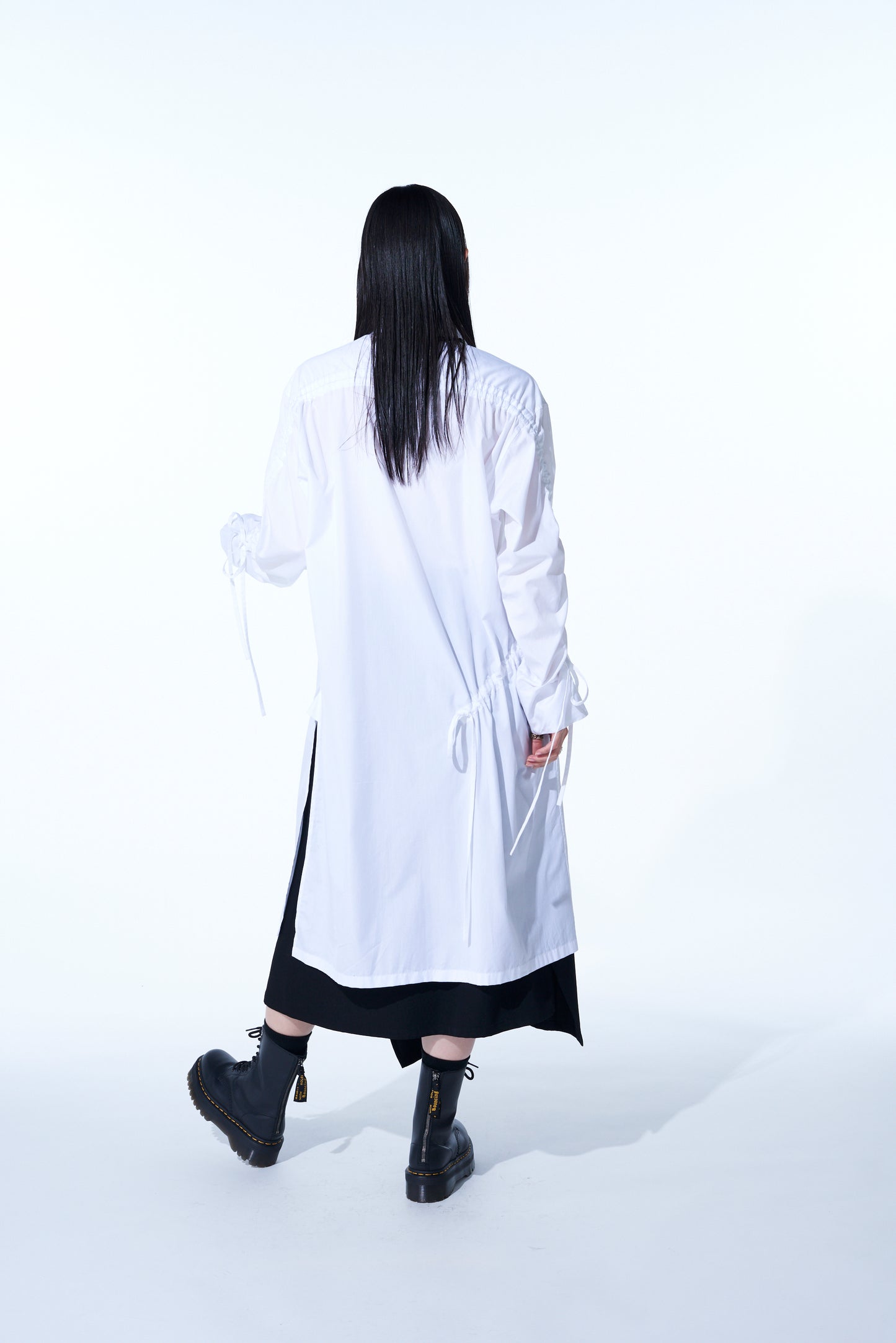 COTTON BROAD CLOTH OVERSIZED LONG SHIRT WITH GATHERED STRINGS