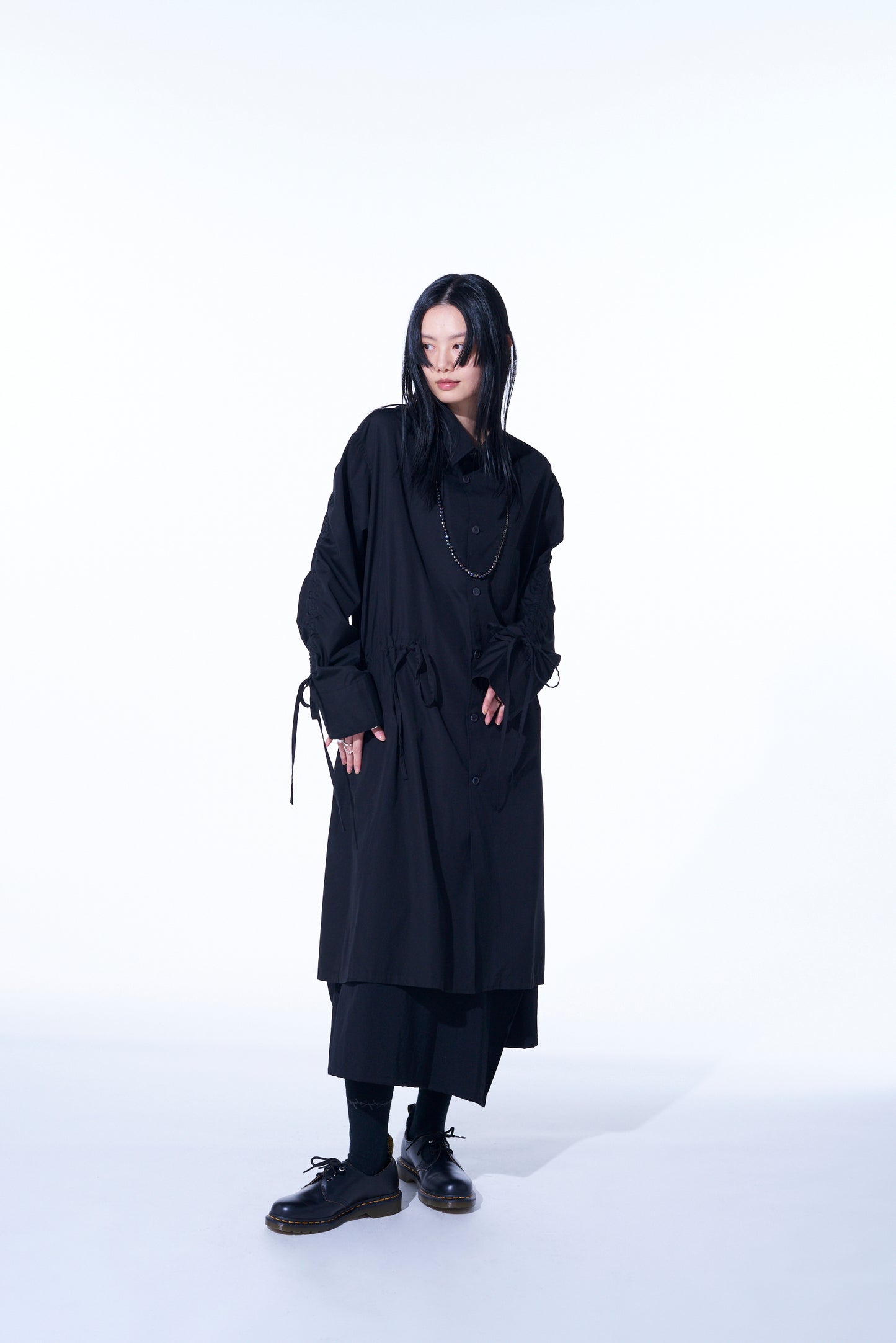 COTTON BROAD CLOTH OVERSIZED LONG SHIRT WITH GATHERED STRINGS