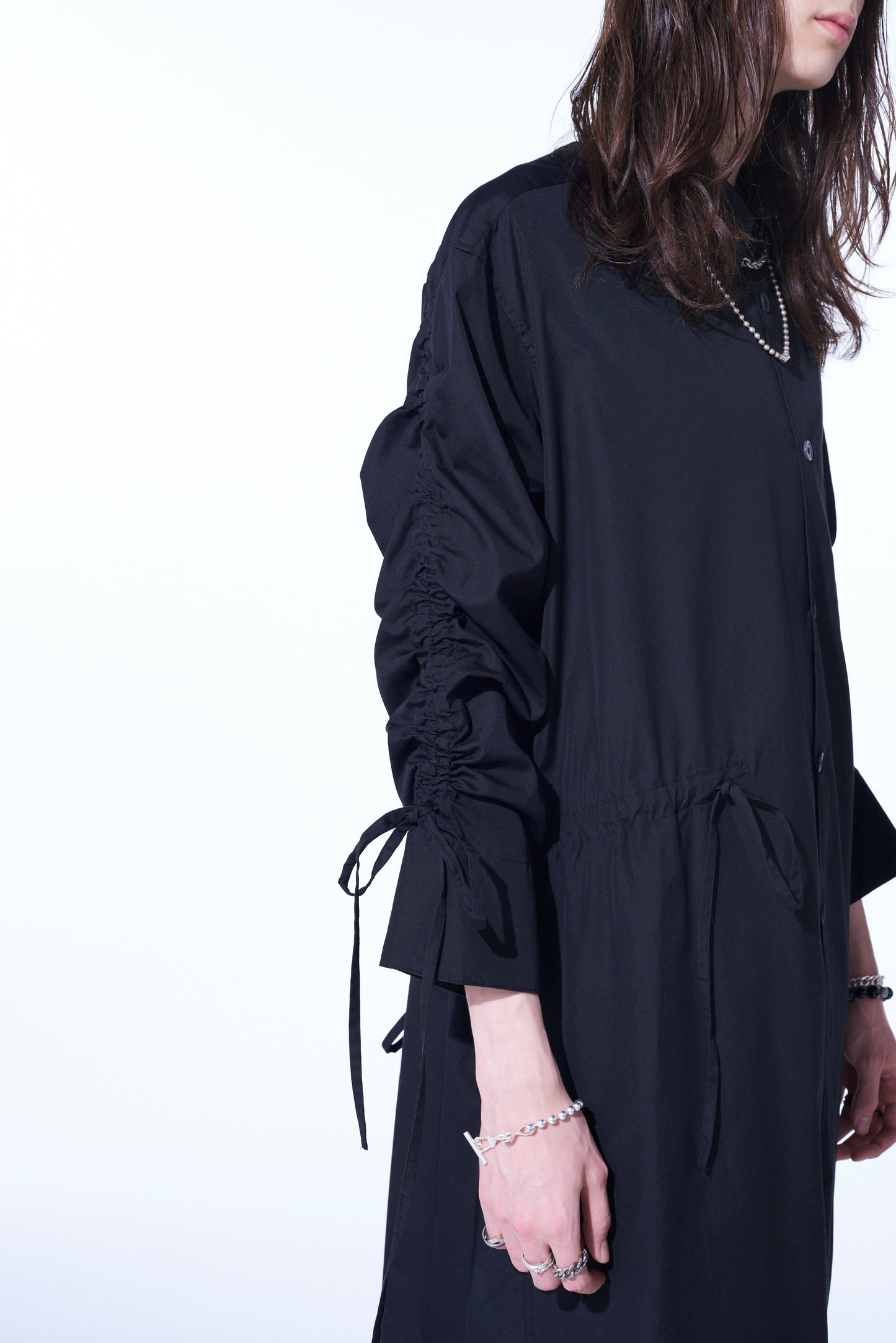 COTTON BROAD CLOTH OVERSIZED LONG SHIRT WITH GATHERED STRINGS