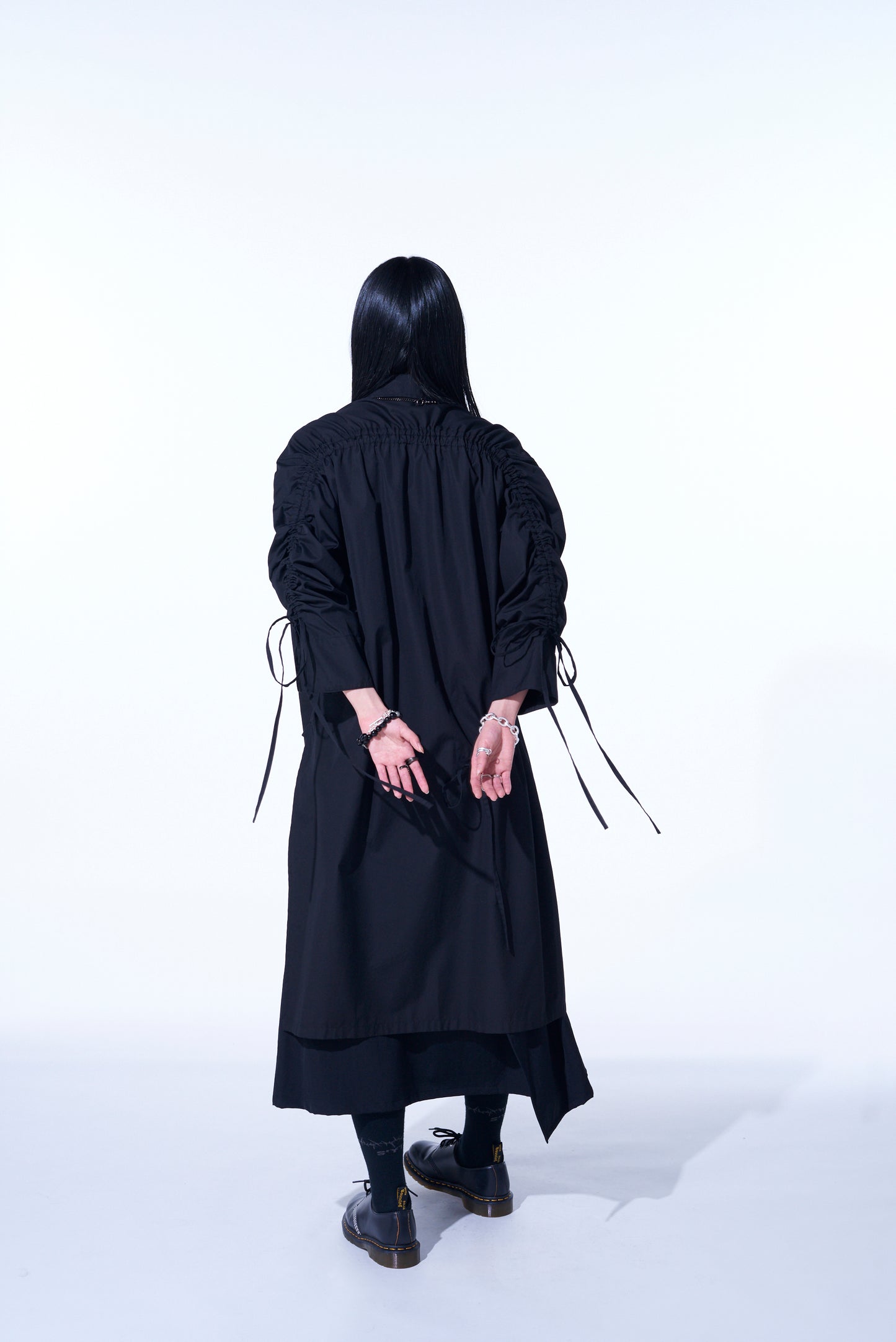 COTTON BROAD CLOTH OVERSIZED LONG SHIRT WITH GATHERED STRINGS