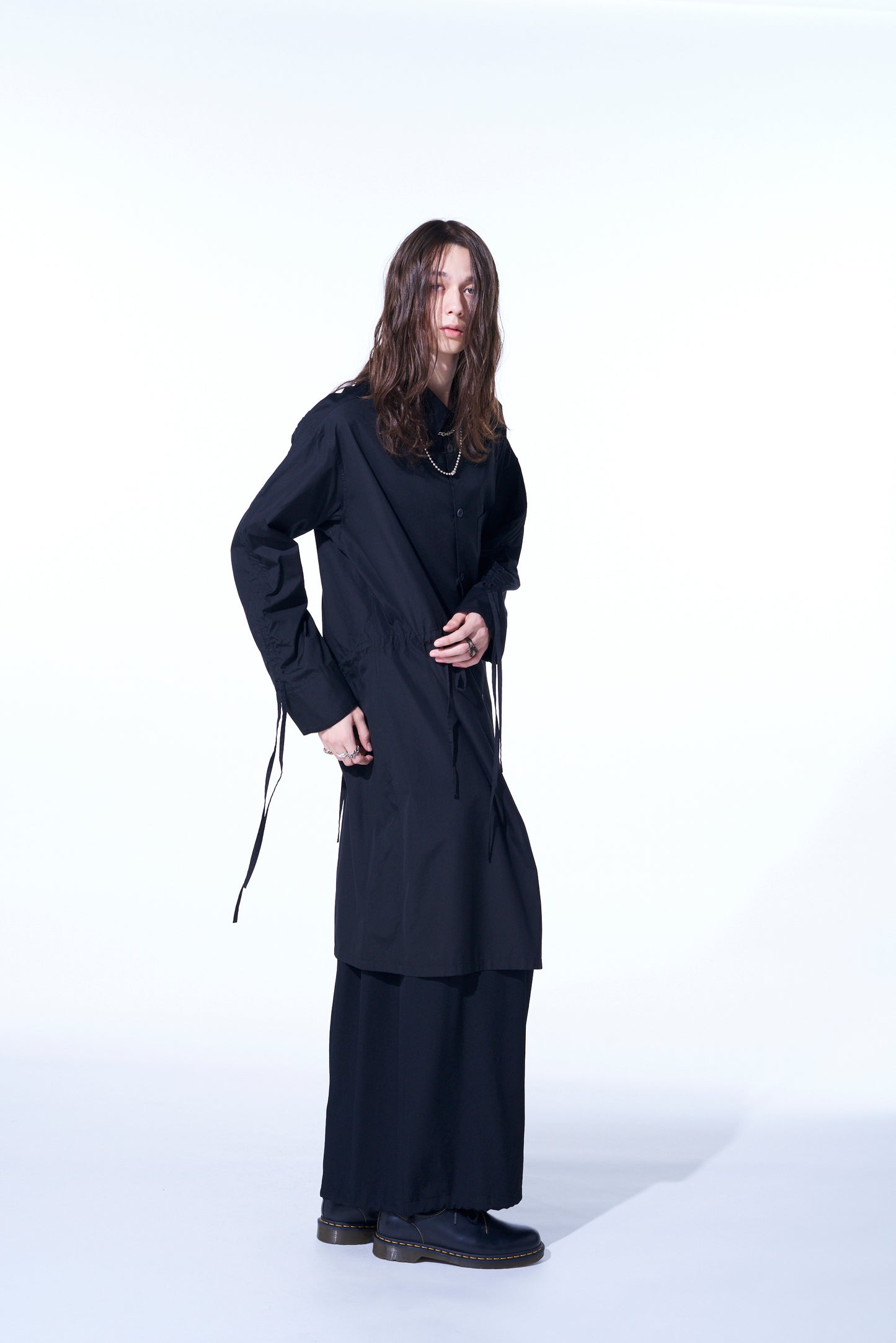 COTTON BROAD CLOTH OVERSIZED LONG SHIRT WITH GATHERED STRINGS