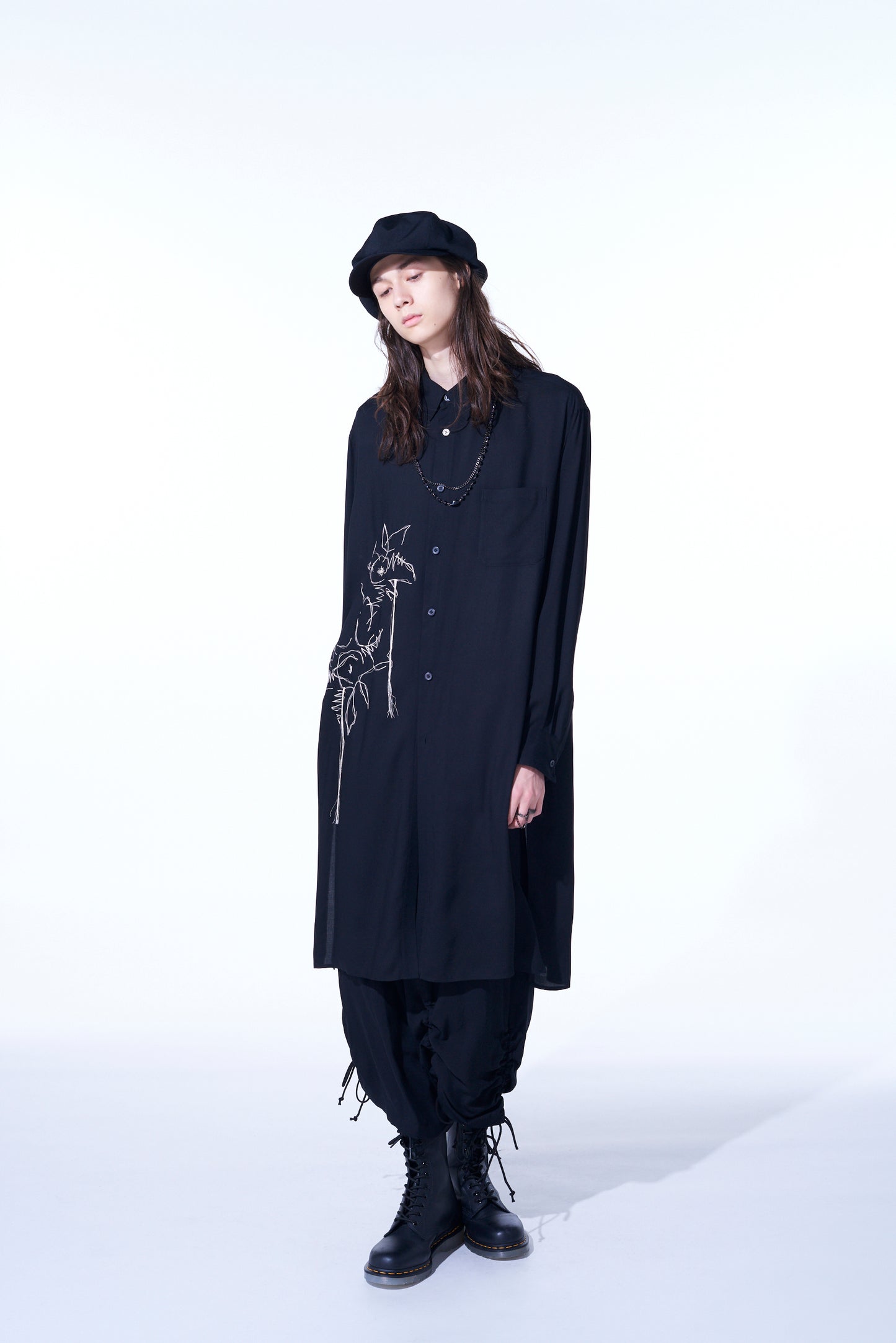 RAYON WASHER TWILL "CACTUS FLOWER" EMBROIDERY LONG SHIRT