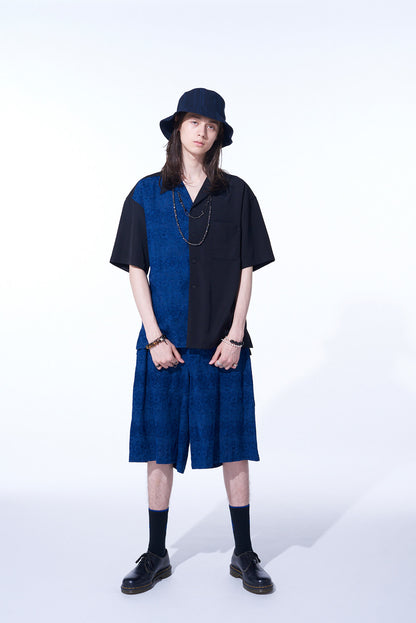 GABARDINE + MURAL LACE FADED FLOCKY LINEN CLOTH OPEN-COLLAR SHIRT