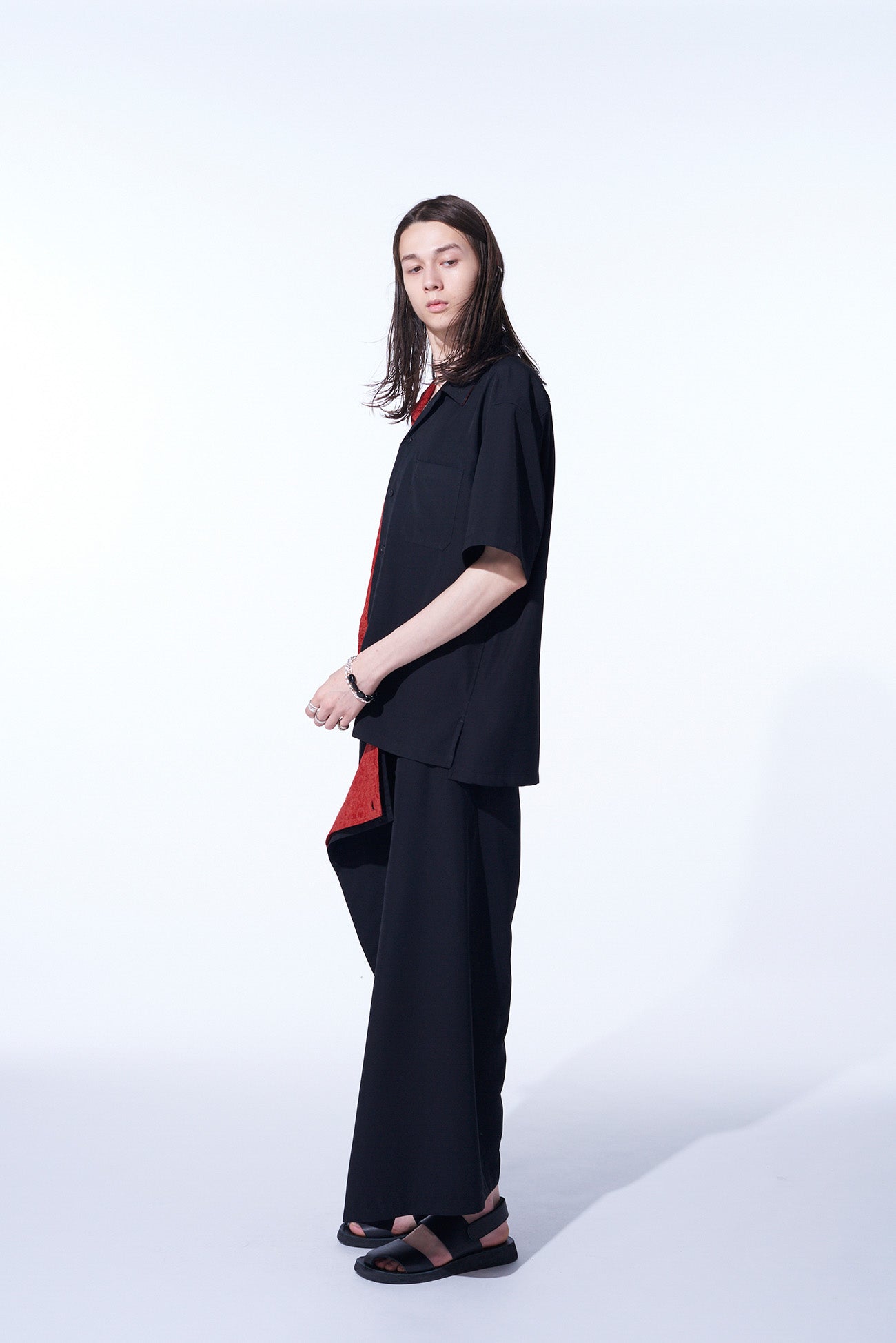 GABARDINE + MURAL LACE FADED FLOCKY LINEN CLOTH OPEN-COLLAR SHIRT