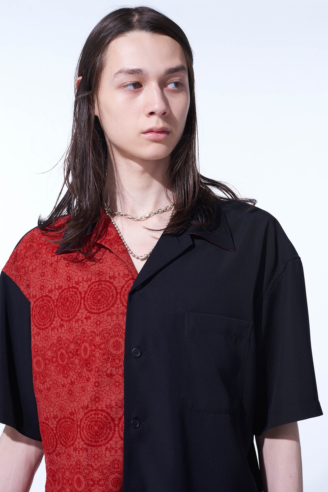 GABARDINE + MURAL LACE FADED FLOCKY LINEN CLOTH OPEN-COLLAR SHIRT