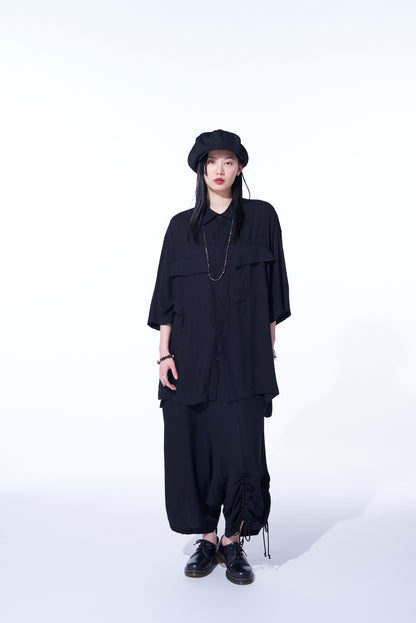 RAYON WASHER TWILL OVERSIZED SHORT-SLEEVE SHIRT WITH FLAP POCKETS