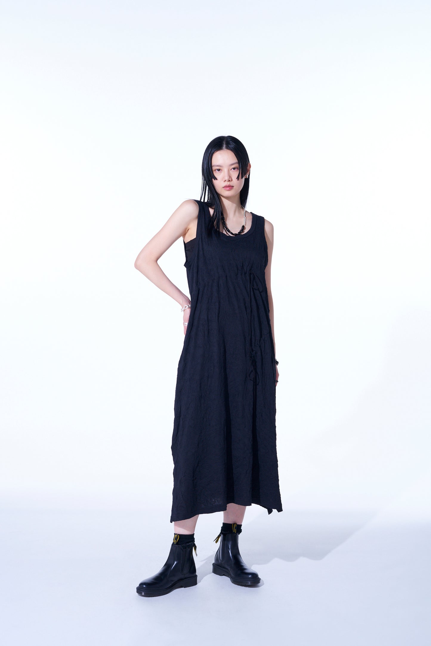 CATCH-WASHER FINISH COTTON JERSEY STRINGS GATHERED DRESS