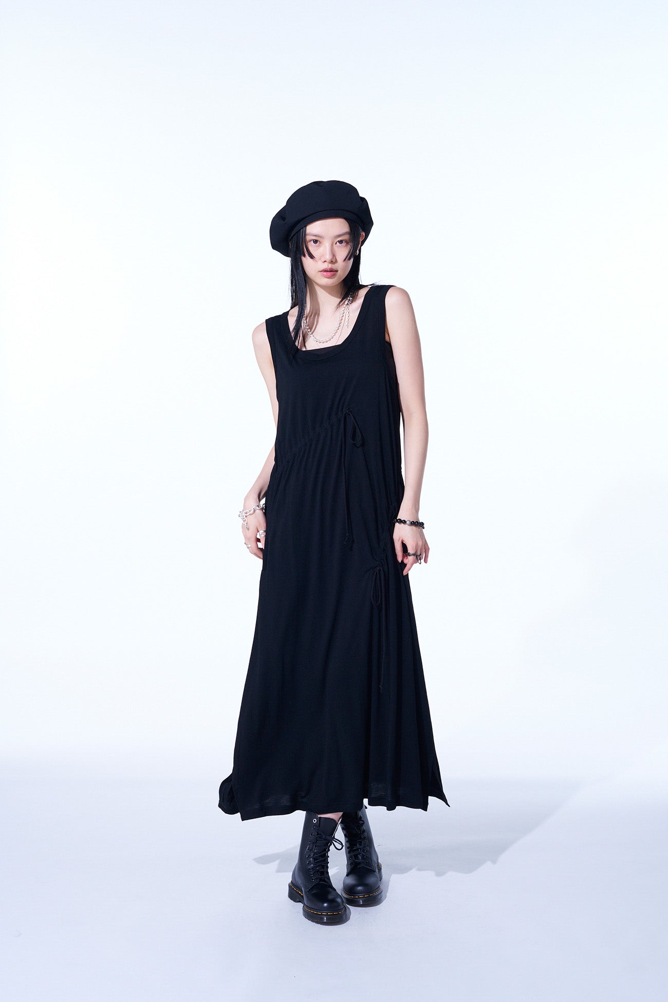 RAYON JERSEY STRINGS GATHERED DRESS