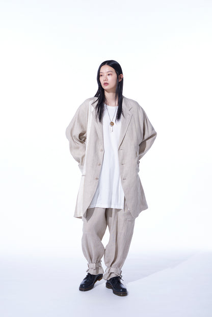 LINEN GAUZE DUAL FABRIC OVERSIZED RAGLAN SLEEVED JACKET WITH CUT-OUT DESIGN