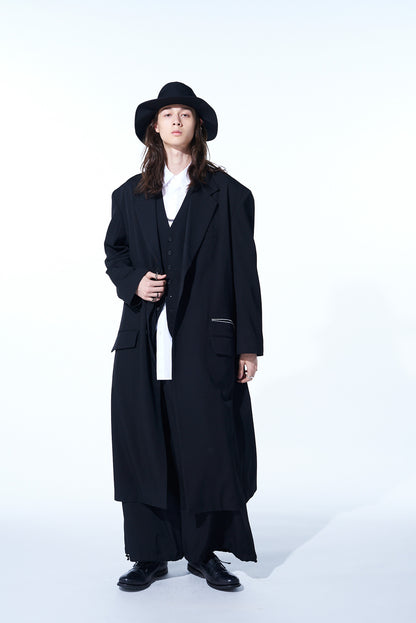 WASHER FINISHED WOOL GABARDINE OVERSIZED LONG JACKET WITH ZIPPER POCKETS