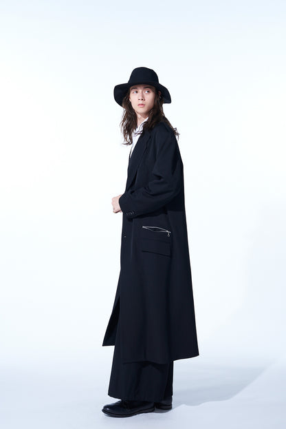 WASHER FINISHED WOOL GABARDINE OVERSIZED LONG JACKET WITH ZIPPER POCKETS