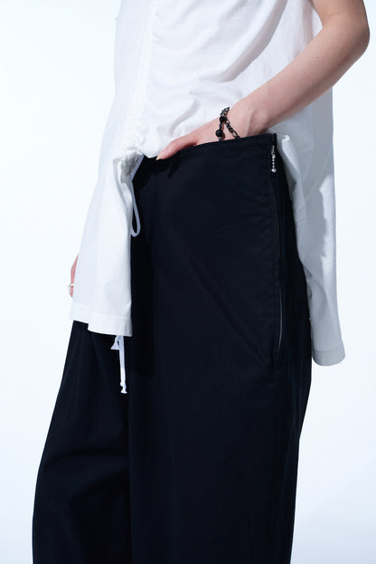 COTTON TWILL DRAWSTRING WIDE PANTS WITH ZIP SIDE POCKET