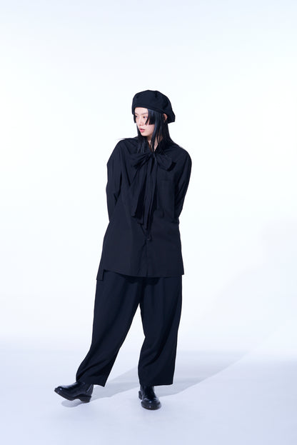 WASHER FINISHED WOOL GABARDINE DRAWSTRING WIDE PANTS