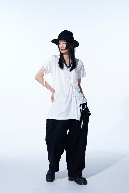 COTTON JERSEY ASYMMETRICAL T-SHIRT WITH GATHERED STRINGS