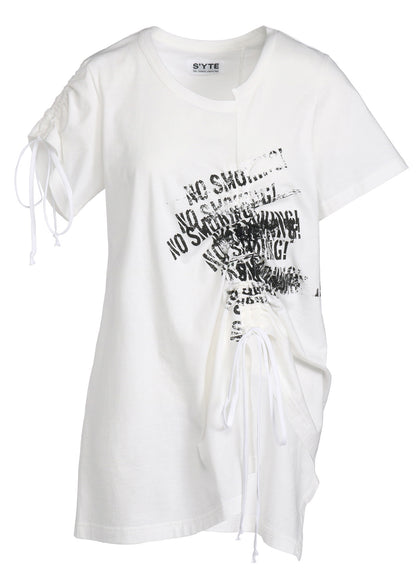 PIGMENT PRINT "NO SMOKING" STRINGS GATHERED T-SHIRT