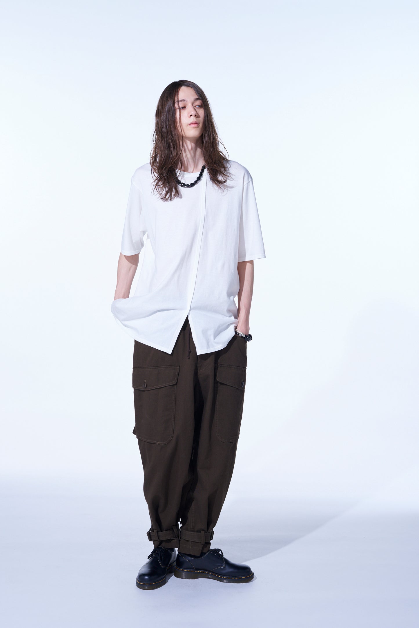 COTTON JERSEY VERTICALLY GRAFTED T-SHIRT WITH HEM SLITS