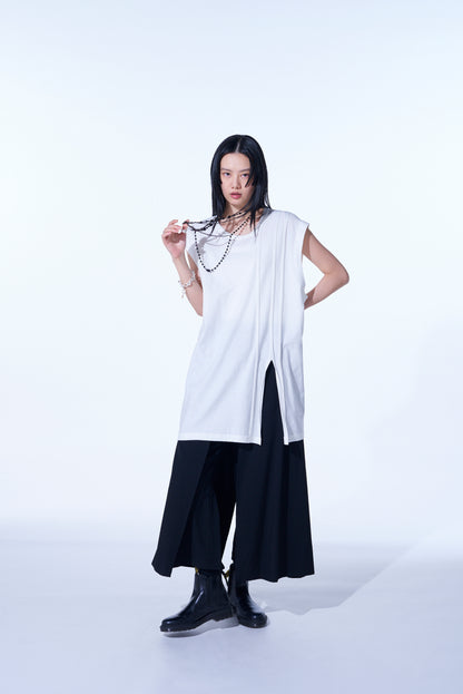 COTTON JERSEY VERTICALLY GRAFTED SLEEVELESS TOP WITH HEM SLIT