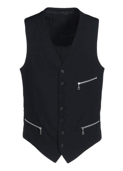 WASHER FINISHED WOOL GABARDINE SINGLE-BREASTED VEST WITH ZIPPER POCKETS