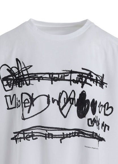 COTTON JERSEY HEART PRINT WIDE SHORT SHIRT
