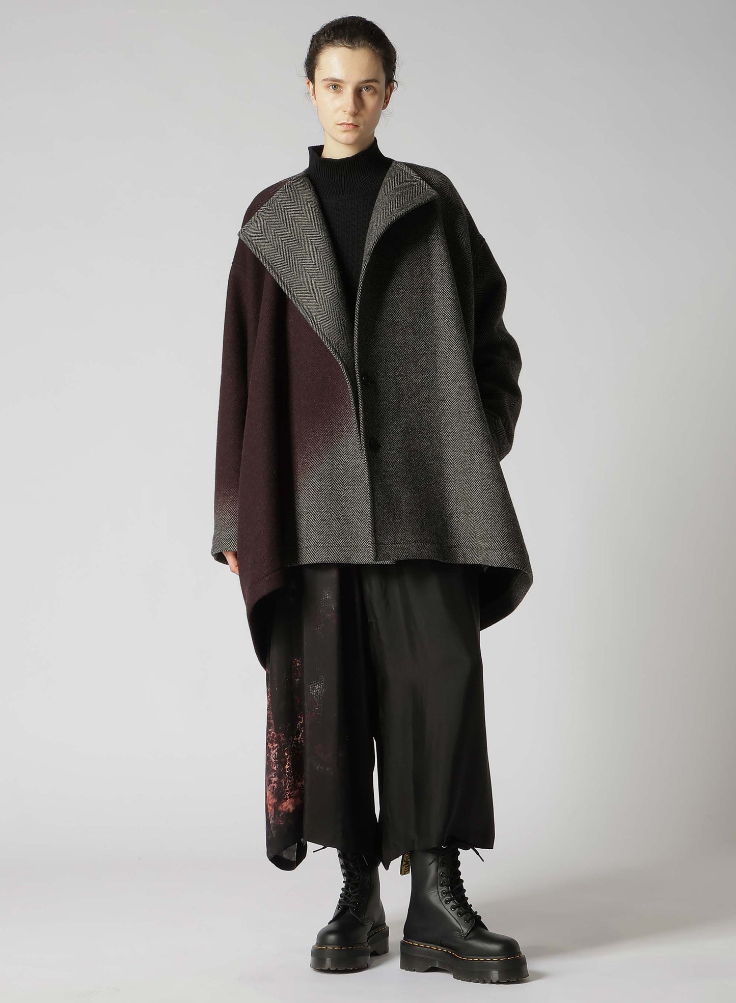 WOOL HERRINGBONE GRADATION COLLARLESS COAT