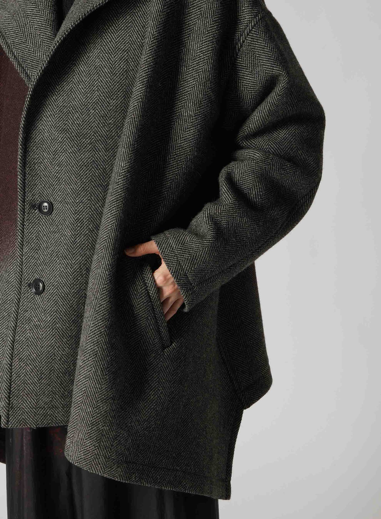 WOOL HERRINGBONE GRADATION COLLARLESS COAT