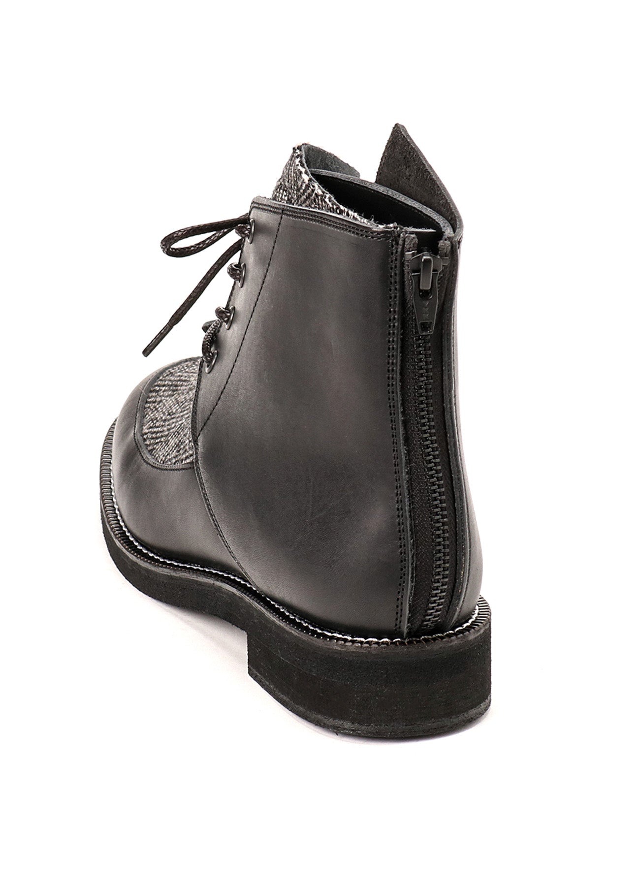 SMOOTH LEATHER/WOOL HERRINGBONE COMBI LACE-UP BOOTS