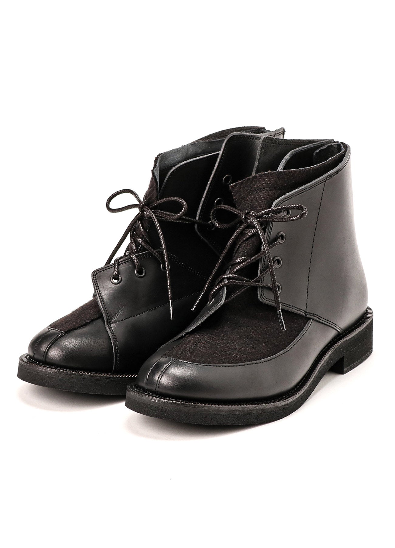 SMOOTH LEATHER/WOOL HERRINGBONE COMBI LACE-UP BOOTS