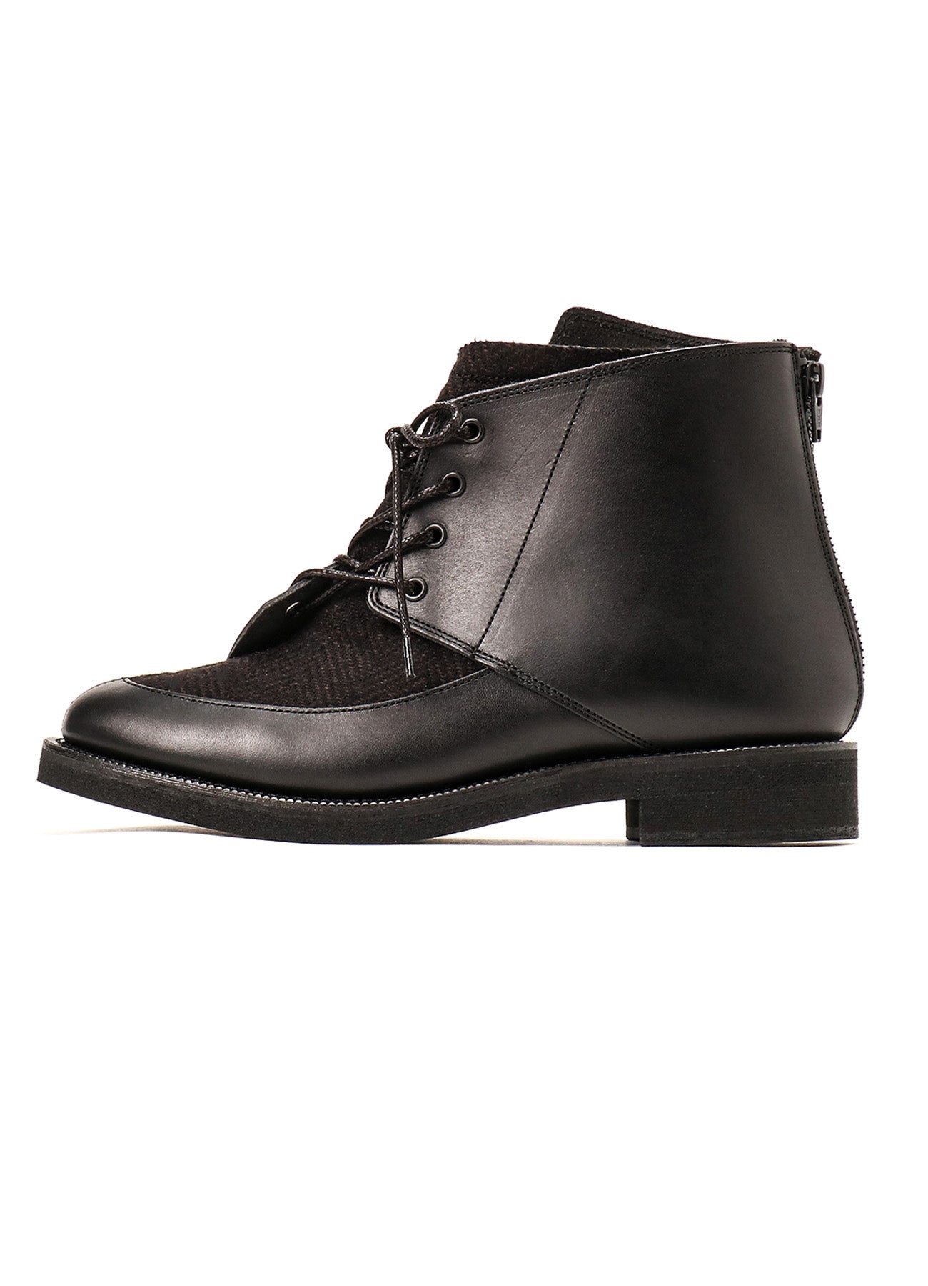 SMOOTH LEATHER/WOOL HERRINGBONE COMBI LACE-UP BOOTS