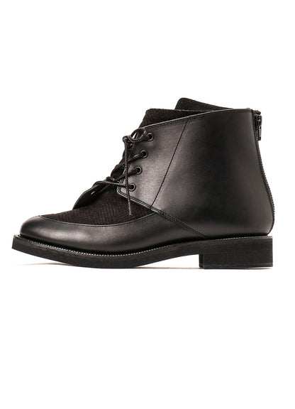 SMOOTH LEATHER/WOOL HERRINGBONE COMBI LACE-UP BOOTS