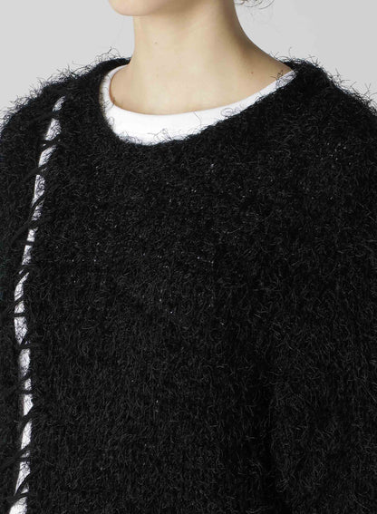 LACE-UP SHAGGY KNIT PULLOVER